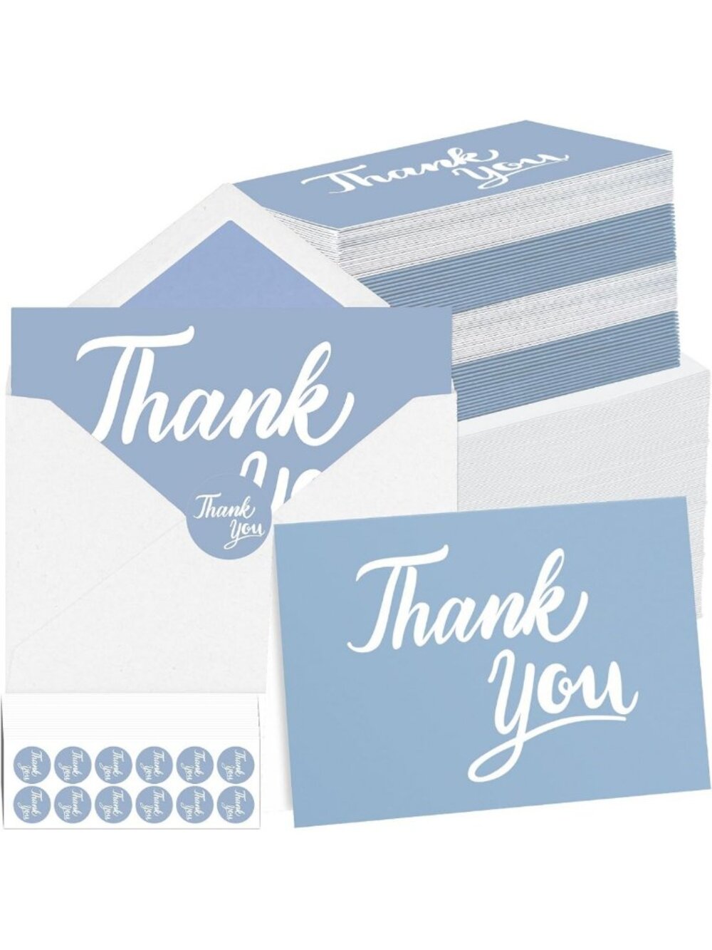 600 Pcs Blue Thank You Cards Set with Envelopes & Stickers - Minimalist Design